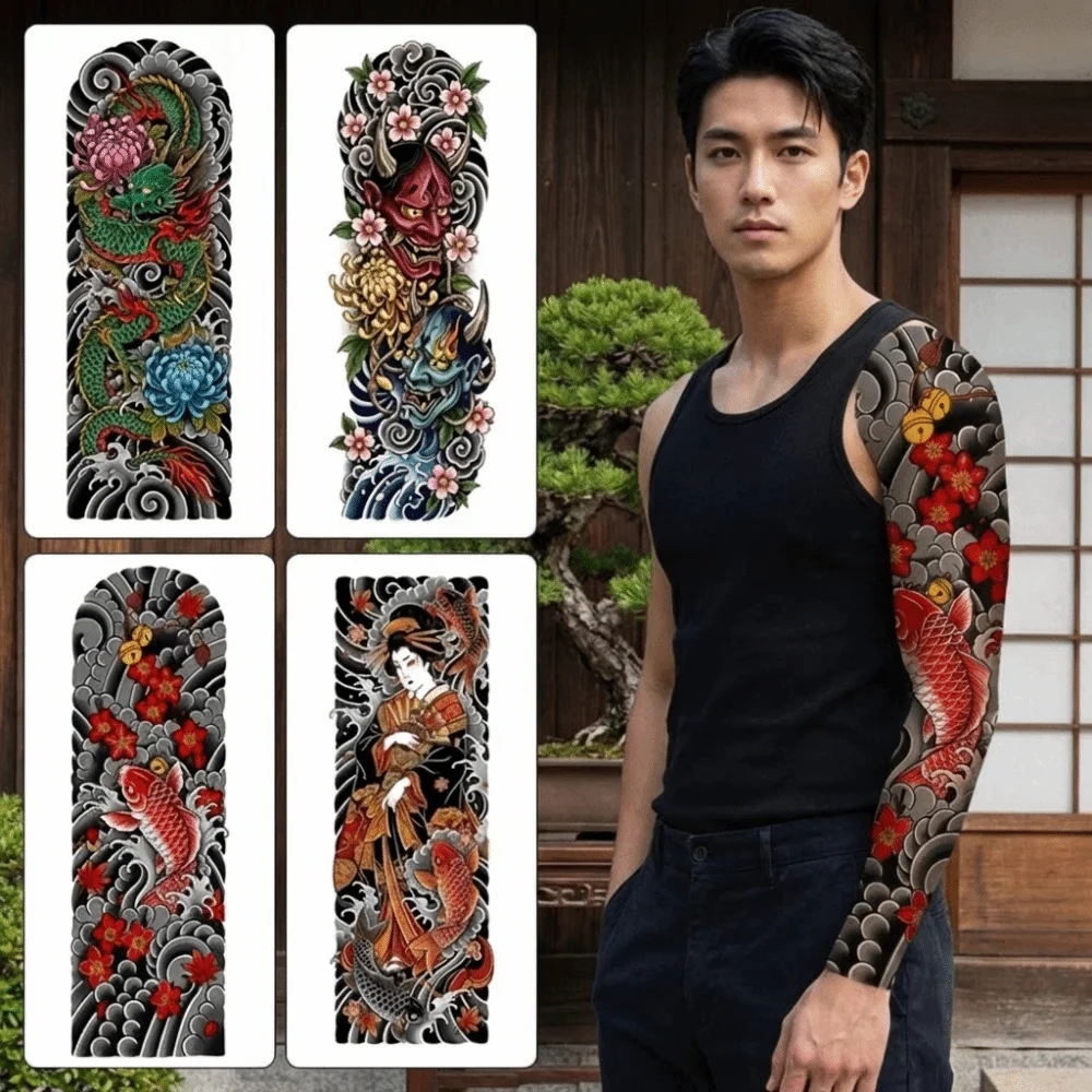 

Japanese Demons Arm Sleeve Tattoo Sticker Geisha Flower Japanese Style Temporary Tattoos Peony Dragon Water Transfer Tattoo