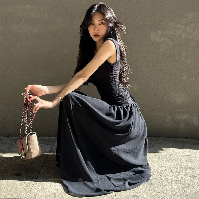 

Summer Party Long Skirt Sexy Square Neck Pleated Tight Waist Slim Black Long Skirt 2025 New Fashion dress for women sexy dress