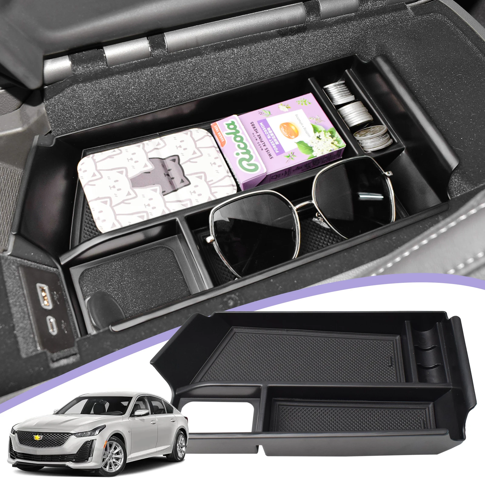 

For 2023 2024 2025 Cadillac CT5 Center Console Organizer Tray Coin Storage Secondary Armrest Box ABS Accessories Car Storage Box