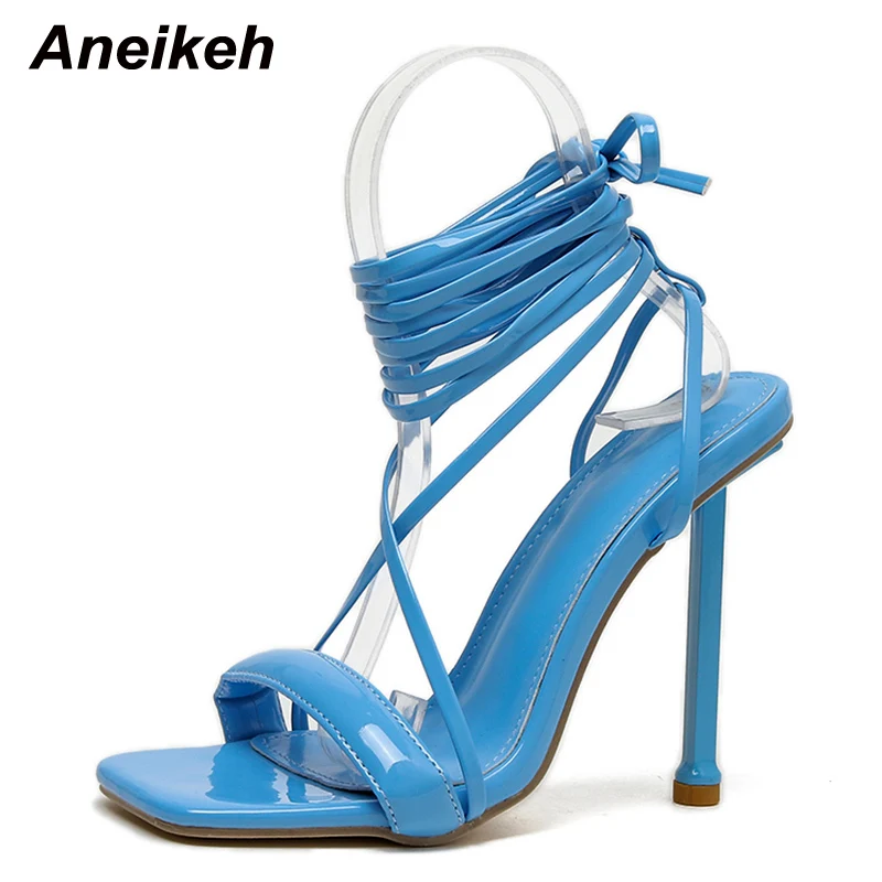 Aneikeh NEW Summer Thin Heel Square Toe Cross-tied Heeled sandals Heel High Heel Sexy Sandals Narrow Band Stripper Shoes Lace-Up