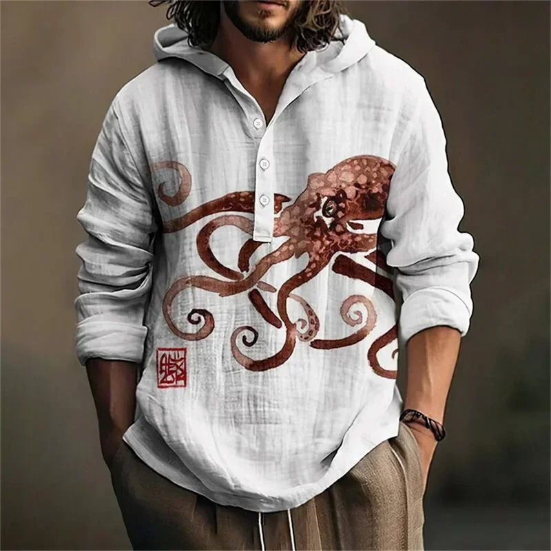 New Spring and Autumn Shirt Independent Station Casual Octopus Hawaiian Style Printed Shirt Men's Top Long Sleeve Hood Pullove