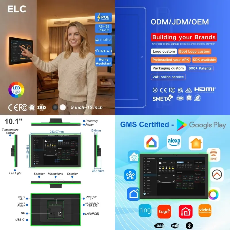 10.1 Inch Android 14 RK3576S Smart Home Control Panel Zigbee Matter Thread POE Wall Mount Touch Tablet With RS485 I/O Port PC