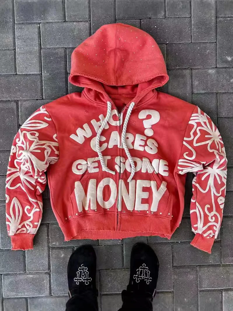 2025 The foam printed sweatshirts of men women on the streets of Europe America fashionable hip-hop Harajuku loose zipper hoodie