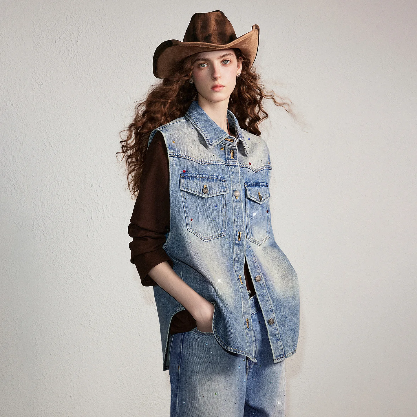 TOYOUTH Women Denim Vest 2026 Autumn New Cotton Rhinestone Decor Loose Sleeveless Layering Outerwear