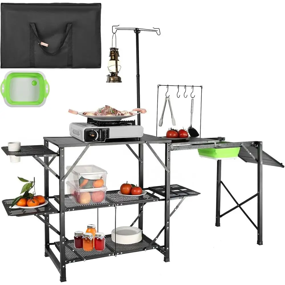 

Портативный уличный кухонный стол с раковиной, 2-уровневым хранилищем и сумкой для переноски для кемпинга, пикников и пляжных поездок
