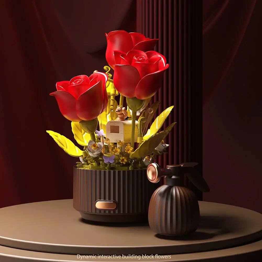 Mechanical Flower Kit Remote Control Automatic Bloom Dynamic Building Block Flower With Lights & Sound Decor For Home & Gift