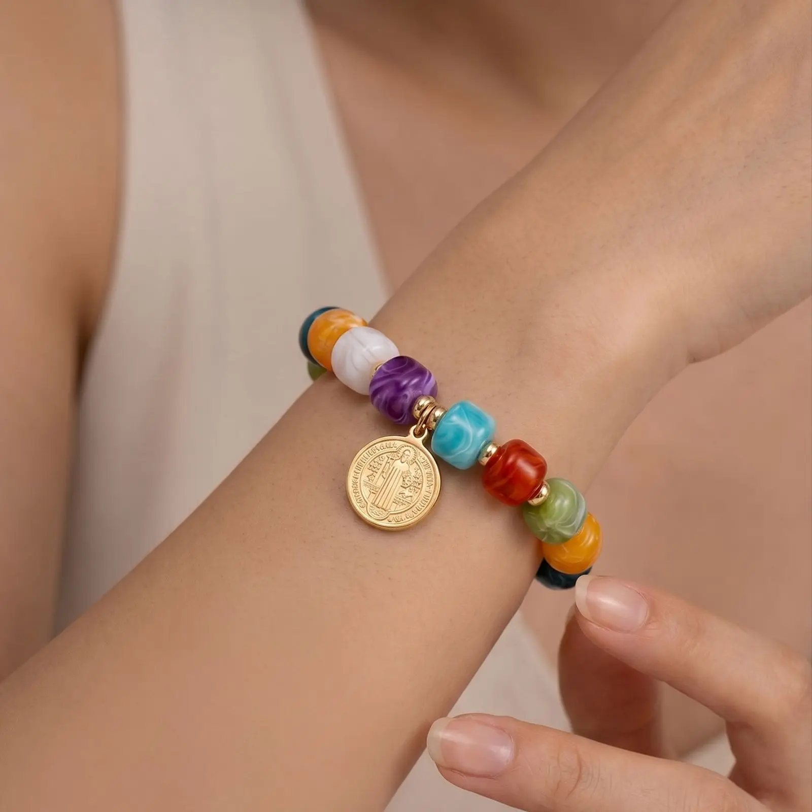 St. Benedict Round Medal Bracelet, Vibrant Mixed Color Acrylic Square Bead Chain, Boho Summer Outfit Bracelet Jewelry for Women