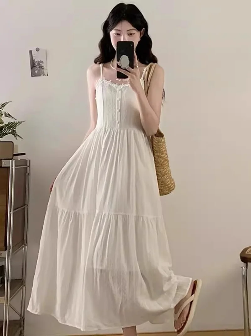 

Белое платье на подтяжках для женщин, летний пляжный отдых, модное длинное темпераментное платье без рукавов 2025 года W272