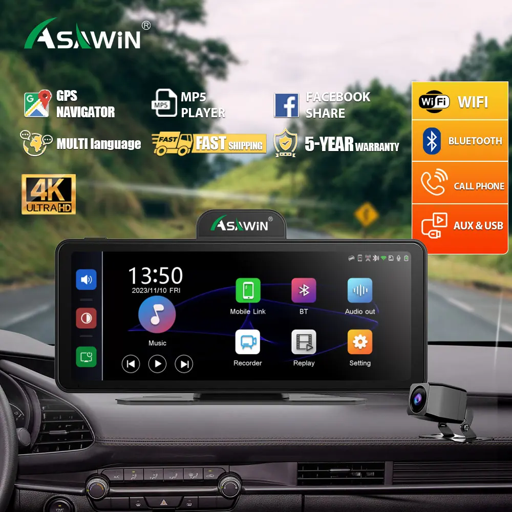 

CarPlay & Android WiFi Dash Cam 4K 7 inch touch screen with Map Navigation Asawin CP68 night vision 24H Park Mode