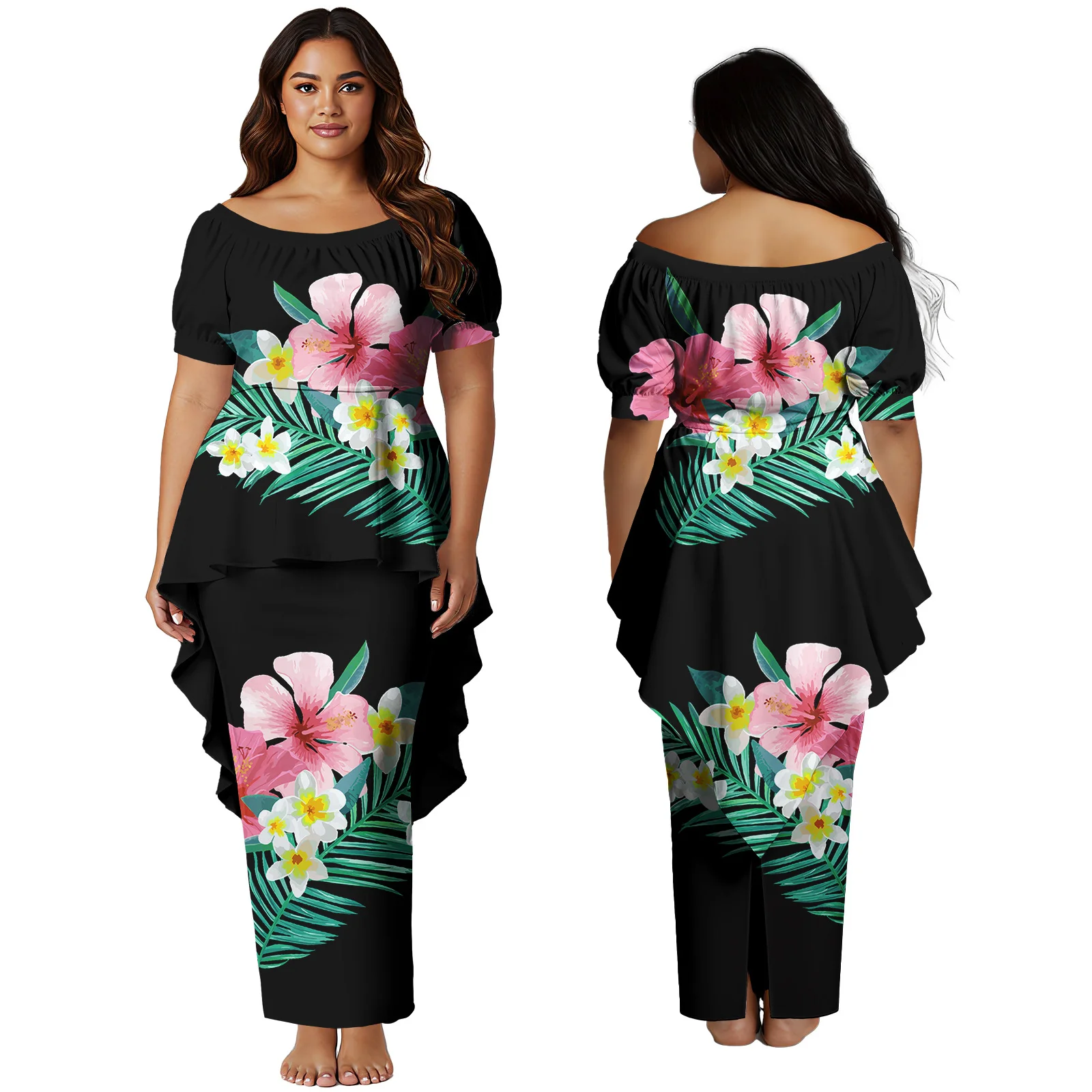 Tout nouveau Design robe Maxi personnalisée haut de gamme hawaïen Puletasi Samoan manches courtes jupes longues Polynésien Puletasi 2 pièces ensemble robes