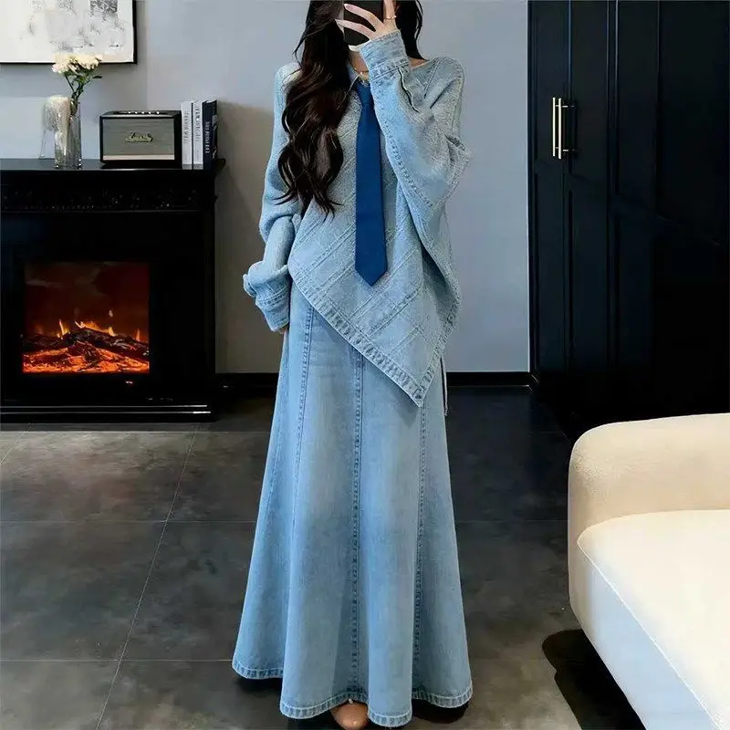 

Spring new design sense denim two-piece set women irregular hem long sleeved trendy top+high waisted A-line long skirt+tie