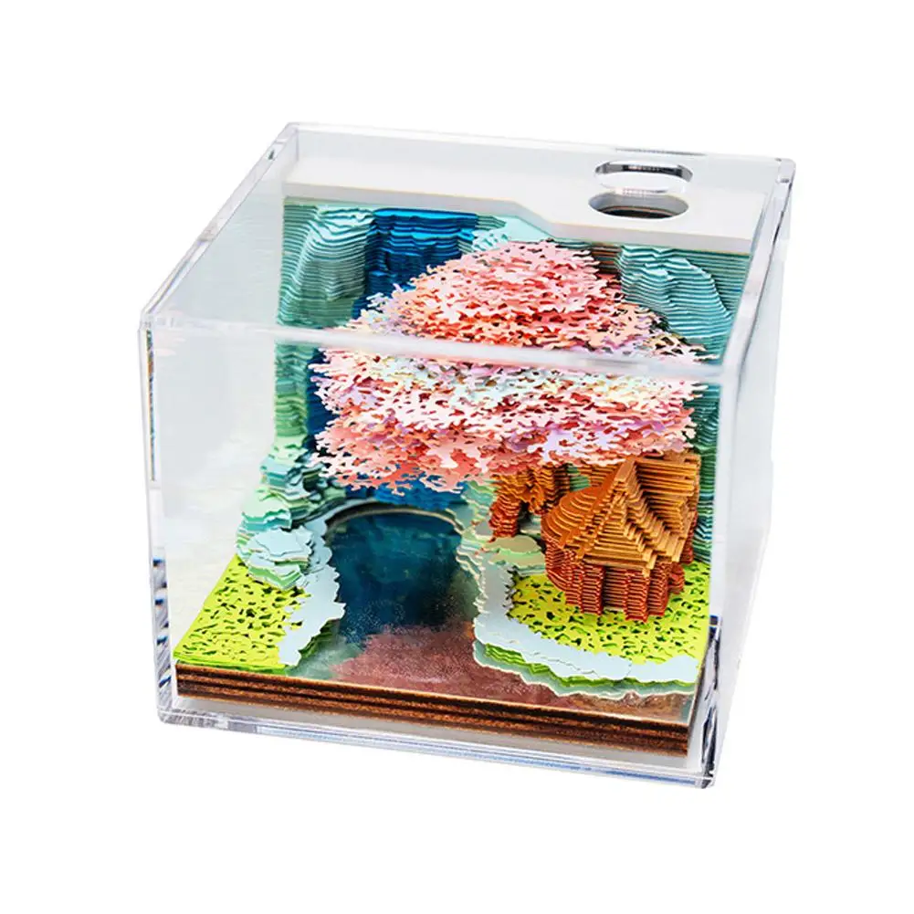 Tear-Away 3D Art Note Pads Paper Carving Home Decoration 3D Desk Note Pad Sakura Tree House Memo Pad LED Light