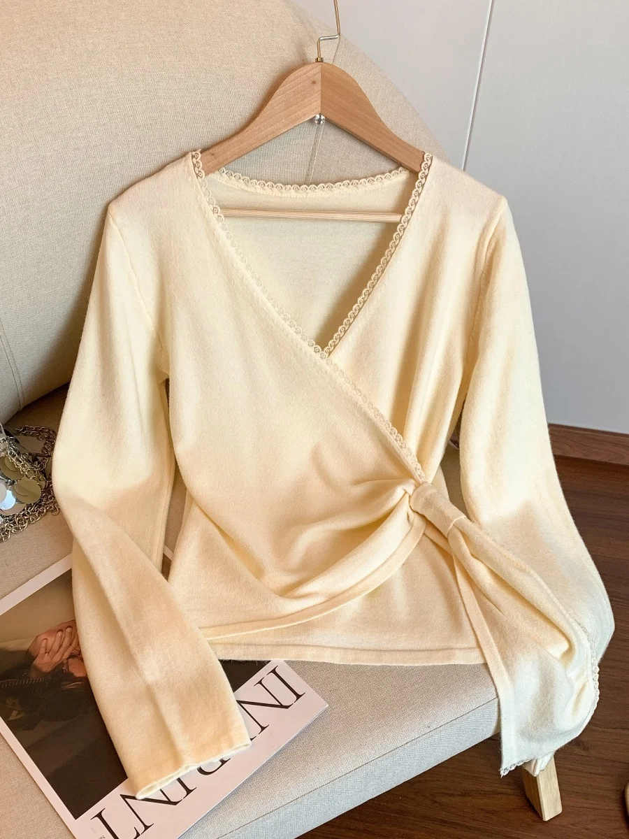 

Женский трикотажный топ с V-образным вырезом и перекрестной завязкой, длинный рукав, облегающий крой, французский стиль, мягкий полиэстер, для повседневной носки