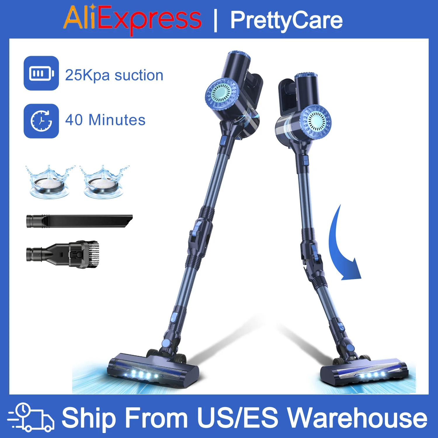 

PrettyCare W400 Cordless Vacuum Cleaner 25Kpa 40 Mins Powerful Vacuum with Self-Standing 3 brush heads LED Headlight