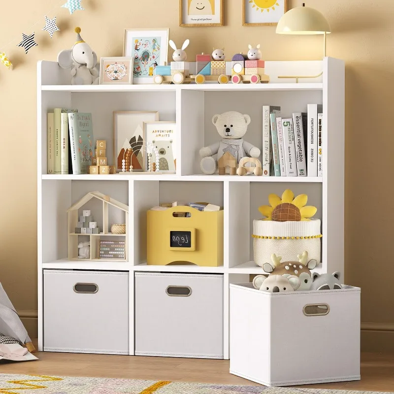 

Toy Organizer with 3 Drawers, Floor Cabinet Toy Chest with 5 Cubbies, Multifunctional