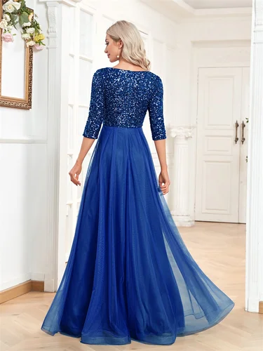 Imagen 2 del producto Vestido de noche de lujo hasta el suelo con cuello en V, vestido largo elegante de fiesta para mujer, vestido de cóctel de graduación de manga corta con lentejuelas 2025