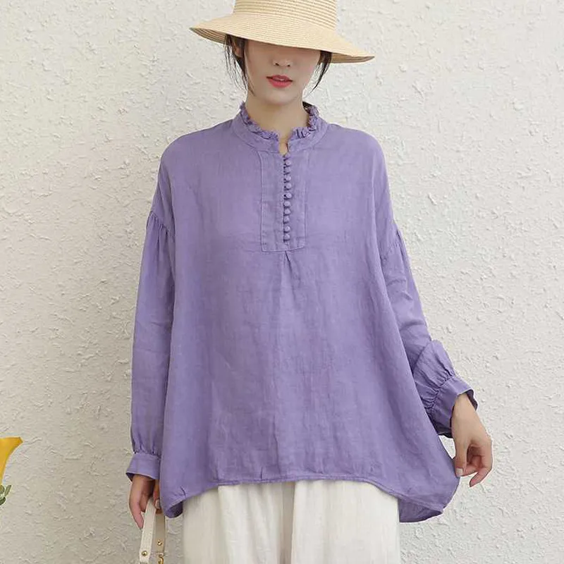 Johnature 2024 New Linen Solid Color Women Blouses Autumn Vintage All Match Thin O-neck Full Sleeve Button Female Shirts