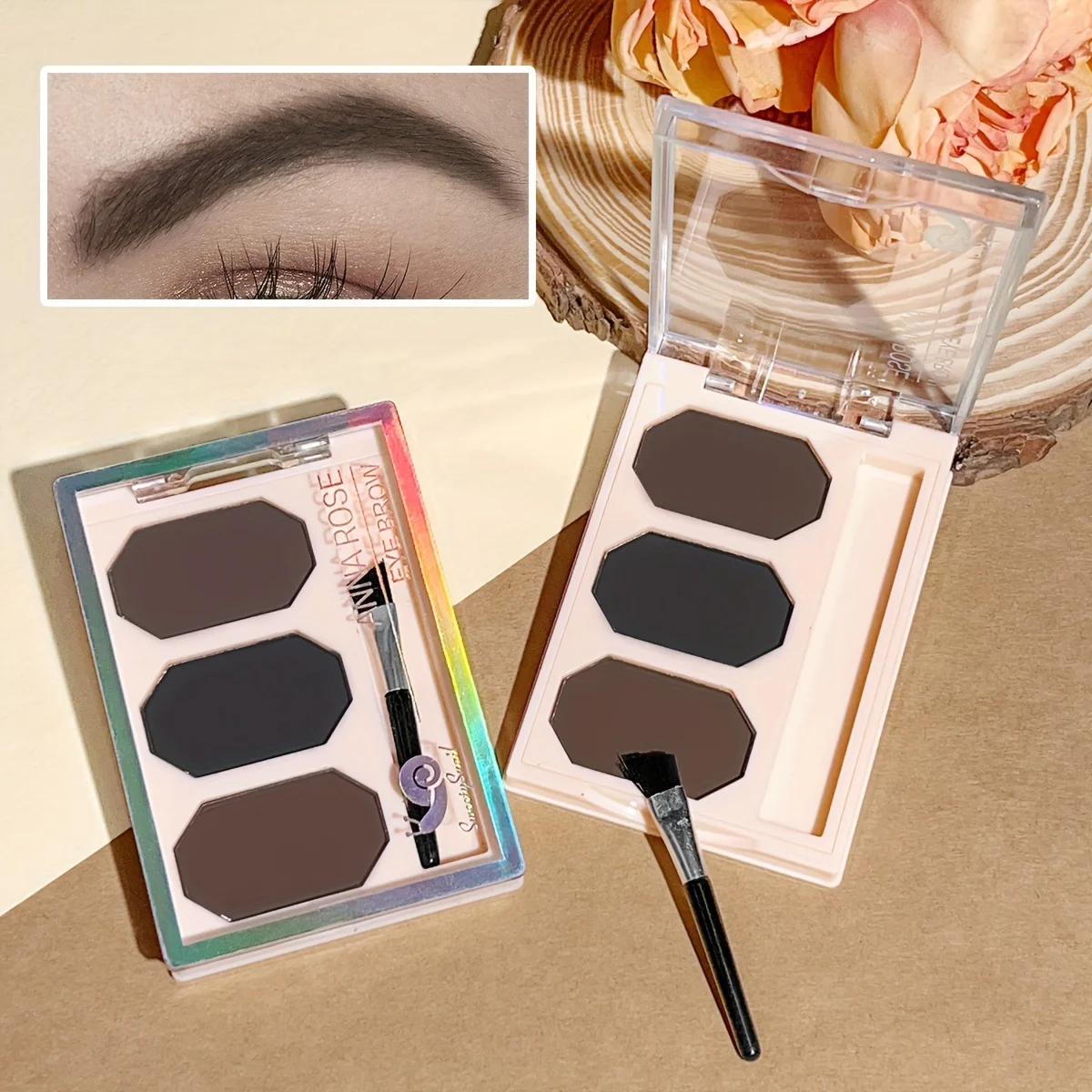 Cepillo de bandeja de polvo de cejas de 3 colores, cejas salvajes tridimensionales naturales, impermeable, antimanchas, adecuado para uso diario
