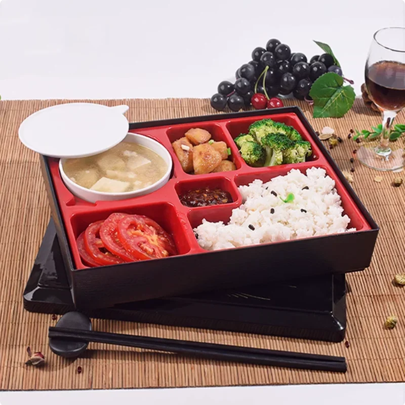Black and Red ABS Plastic Lunch Box with Lid, Rice Bowl, Melamine Tableware Set, Restaurant Service Board, Portable Bento Box