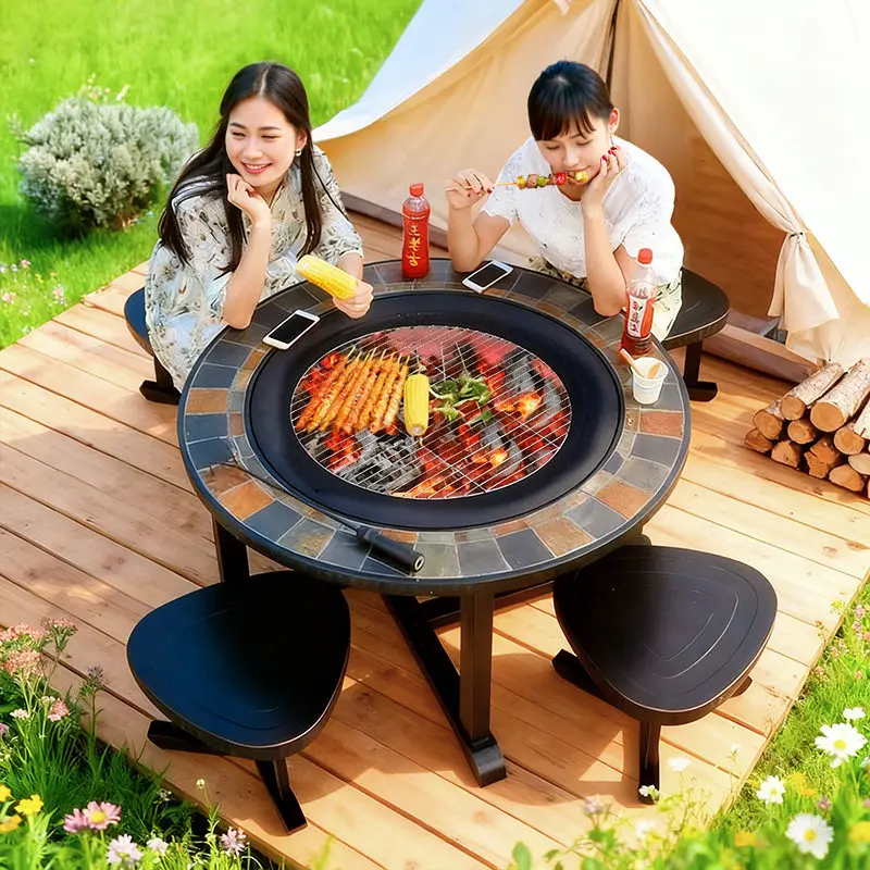 Outdoor BBQ table and chairs Charcoal grill BBQ grill Garden open-air brazier Leisure indoor household fireplace Tea