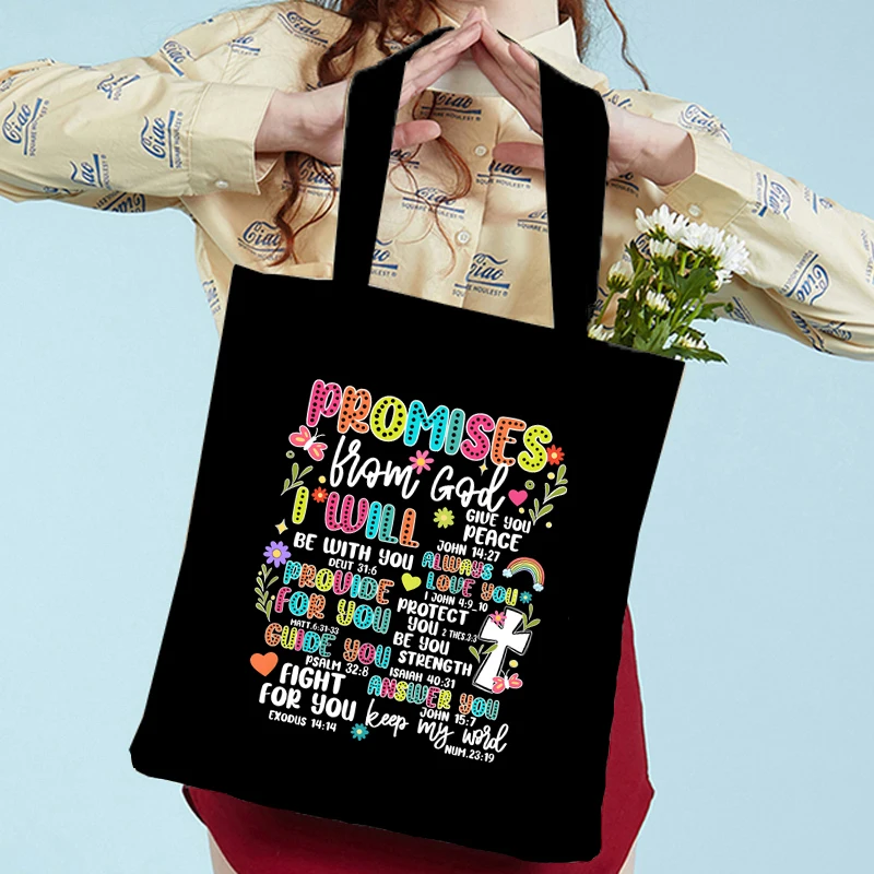 

Christianity Theme Shoulder Bags Women Men "Promises From God" Trend Large Capacity Commuter Tote Bags Jesus Handbags Gifts