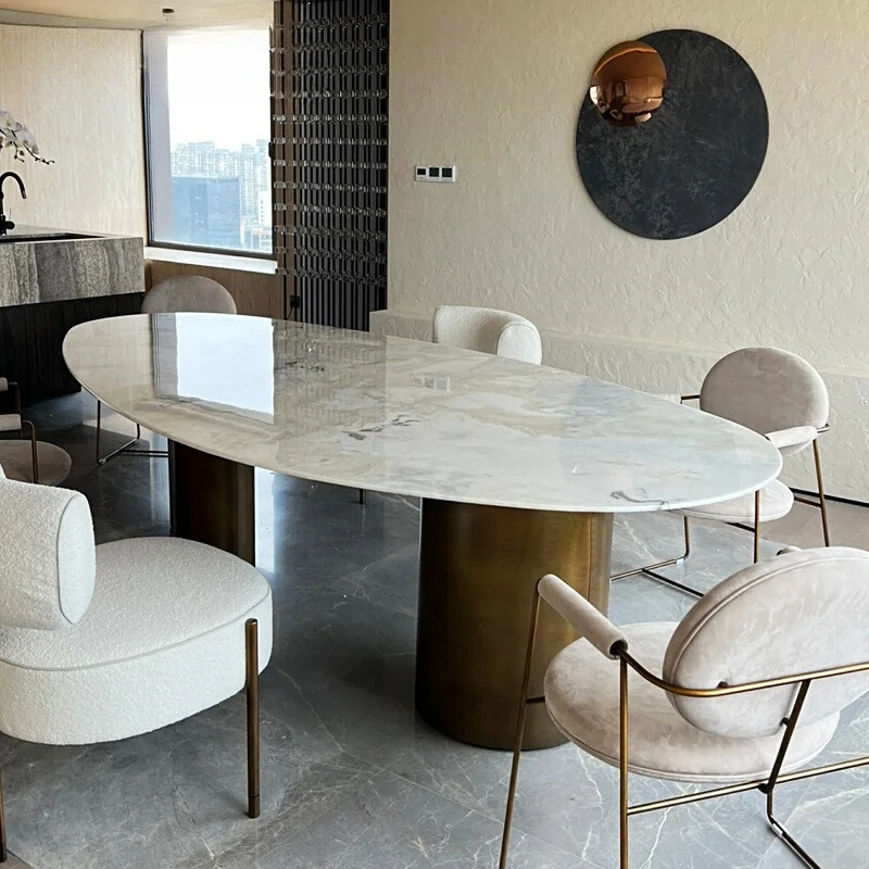 

Imported natural luxury stone Fendi white dining table, water drop-shaped minimalist flat marble dining table with round shape