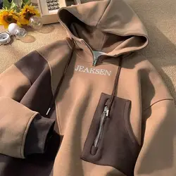 Male Clothes Hooded Aesthetic No Logo Sweatshirt for Men Half Zip Hoodies High Quality Loose Warm Winter 90s Vintage One Piece S