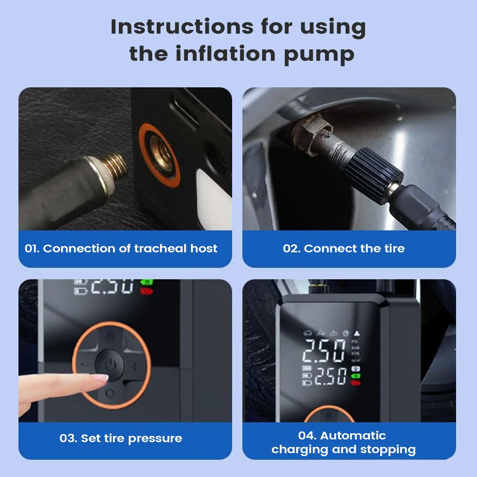 

Портативный воздушный компрессор 130 PSI, светодиодный насос для накачивания шин, умный карманный электрический воздушный насос для автомобиля, велосипеда, автогрузовика, дорожный уличный воздушный шар