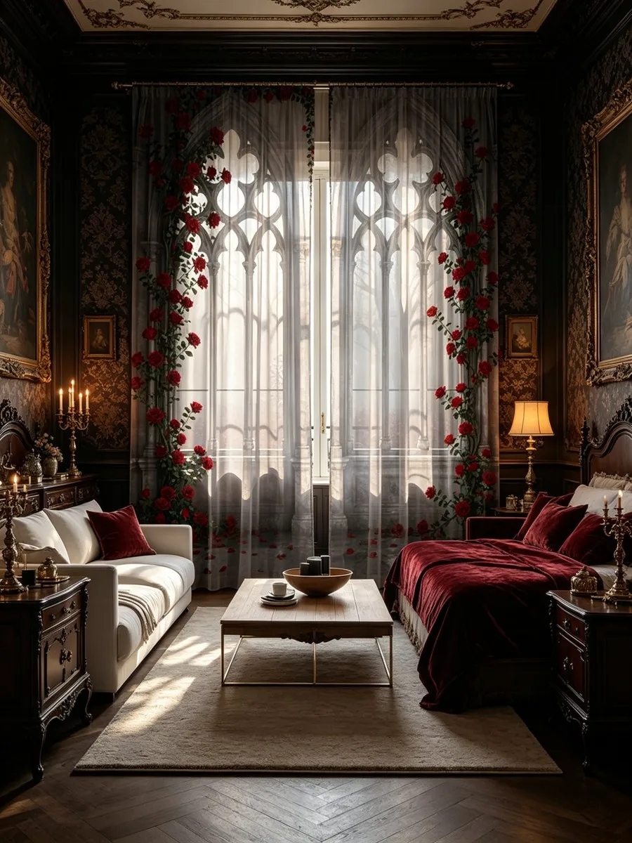 2PCS Gothic Digital Print Curtains, Red Rose Church Window, Dark Gothic Victorian Style, Bedroom Living Room Home Decor