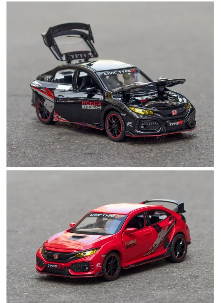 Coche de juguete HONDA CIVIC TYPE-R para niños, vehículo de Metal fundido a presión, modelo de coche de colección con luz de sonido, 1:32