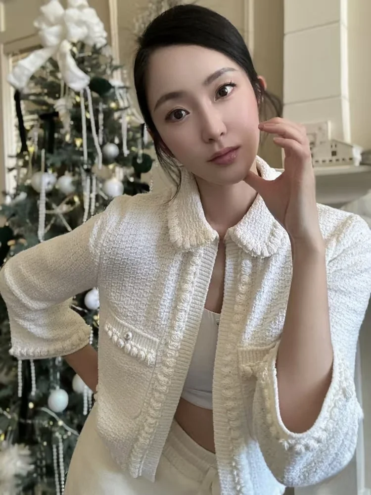 Ele Commute フレンチ スレ ニット カーディガン レディース ロング スベオルト コート ドールカラー オープンフロント 秋冬 アウター