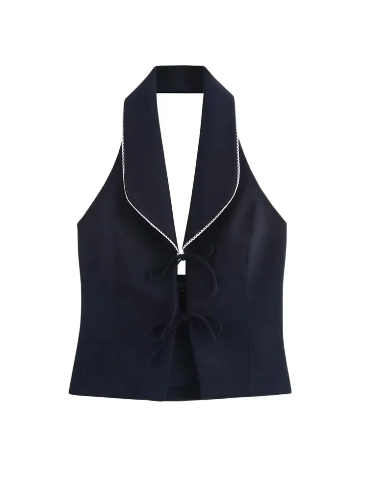 Women's Sexy Patchwork Halterneck Backless Camisole Front Bow Tied Tank Top Fashion Female Top Mujer