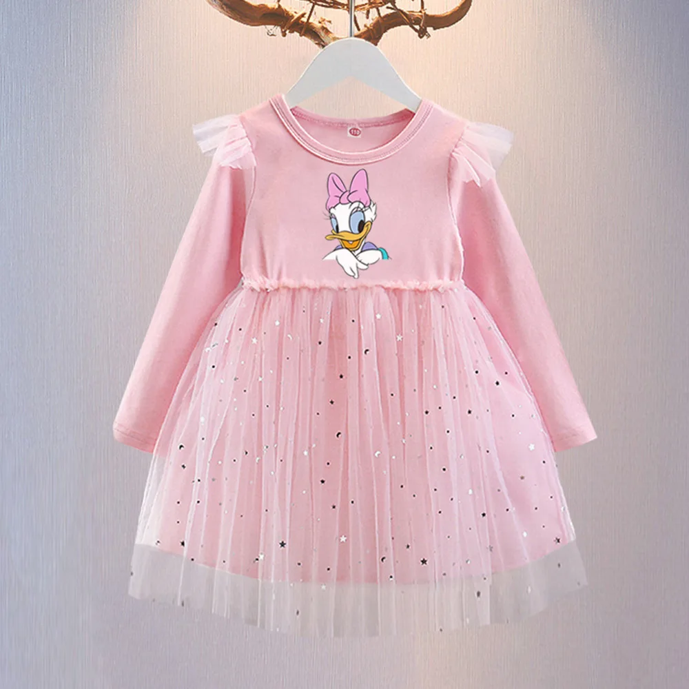 여자 스팽글 드레스 디즈니 새 어린이 옷 가을 긴 소매 어린이 미니 공주 드레스 아기 소녀 생일 파티 2-8Y