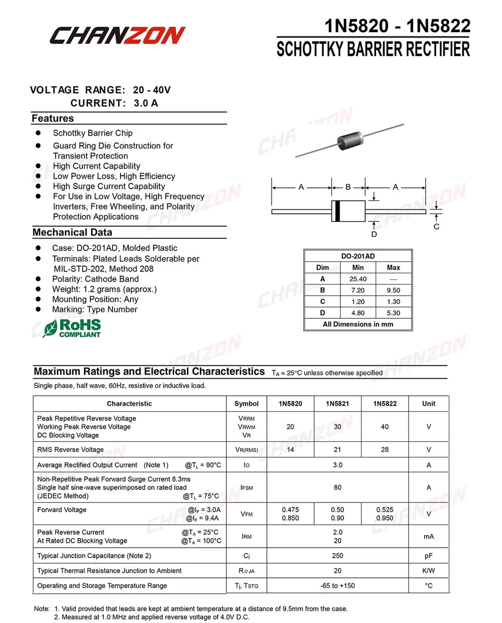 20 Pcs 1N5820 Schottky Barrier Rectifier Diodes 3A 20V DO-201AD DO-27 Axial 1N IN 5820 IN5820 3 Amp 20 Volt