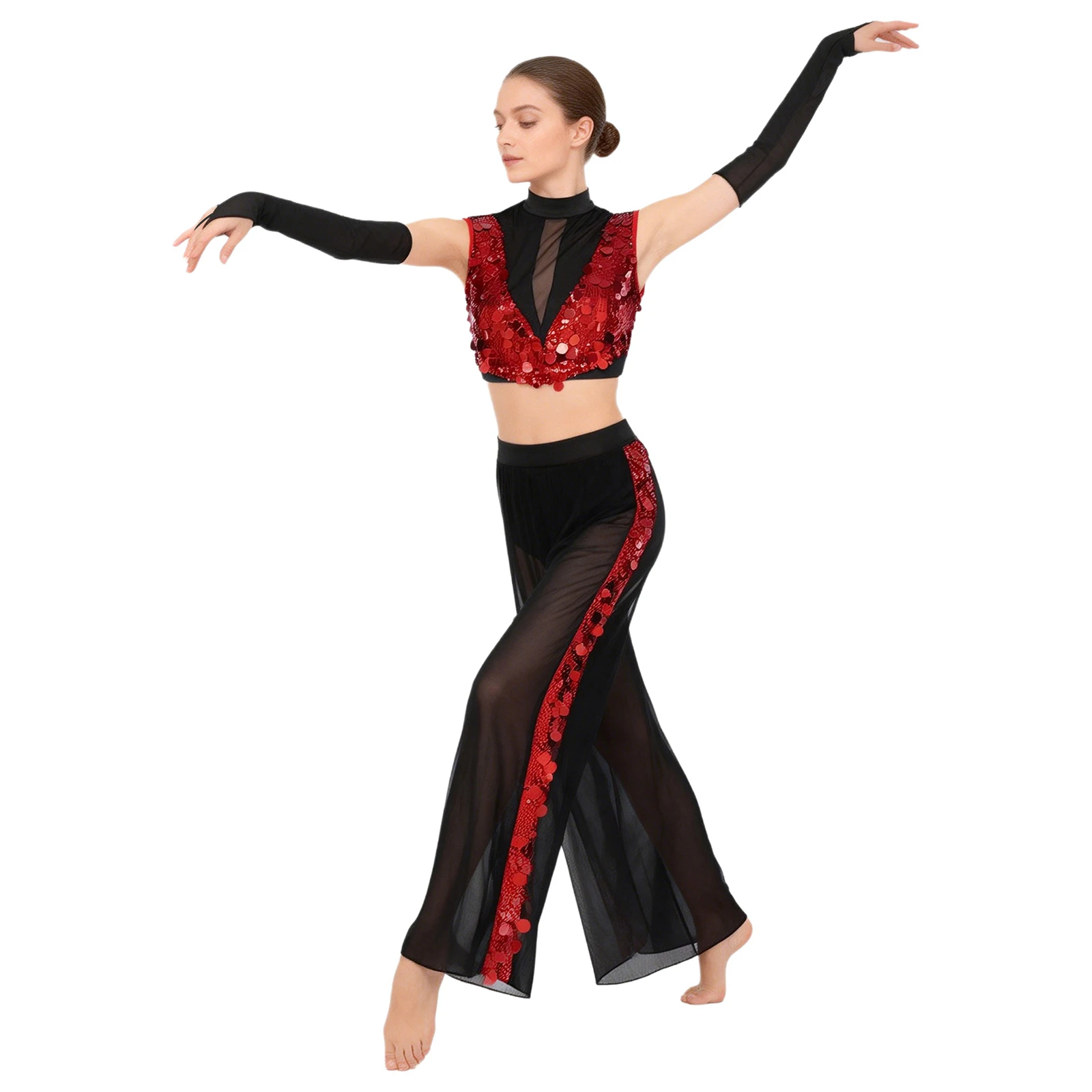 

Womens Female Lyrical Dance Outfits Sleeveless Backles Glitter Sequined Crop Top with Gloves and Pants for Modern Jazz Dance