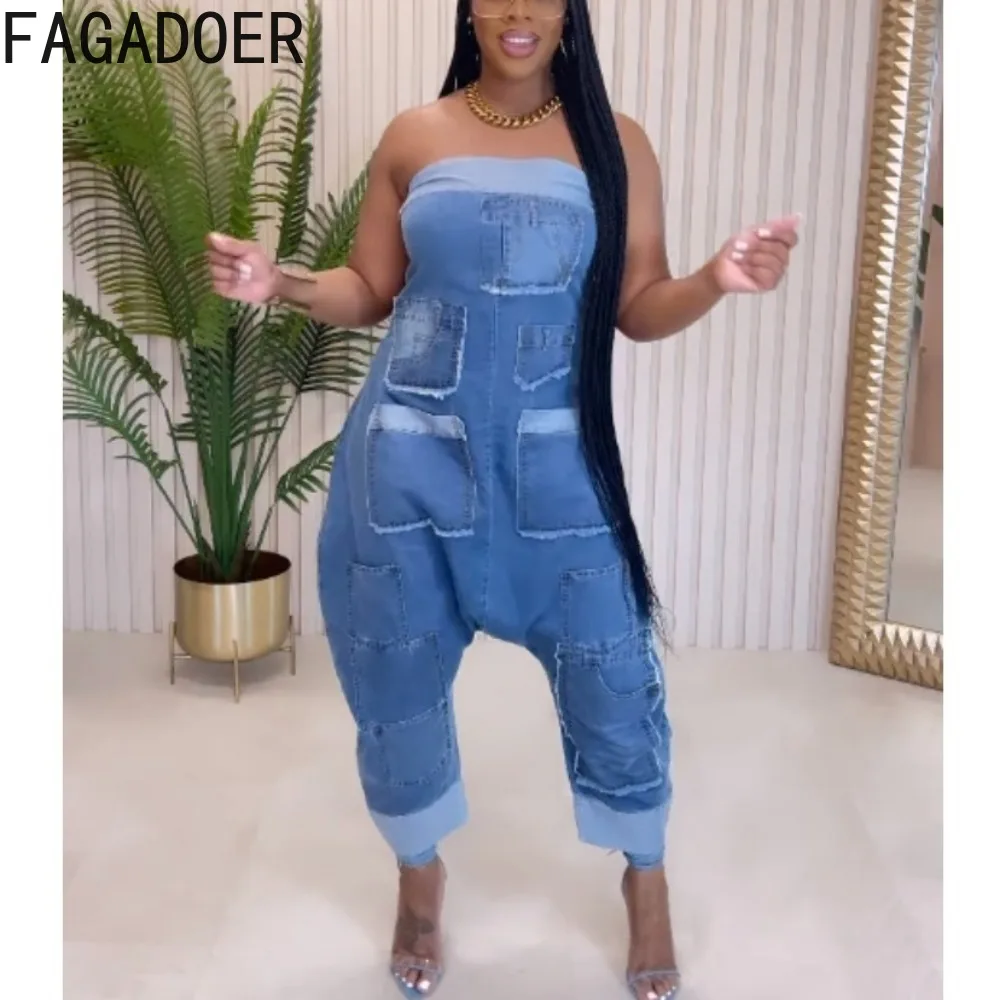 FAGADOER Fashion Streetwear Women Denim Pocket Splicing Loose Tube Jumpsuit Women Off Shoulder Sleeveless Backless Playsuit 2024