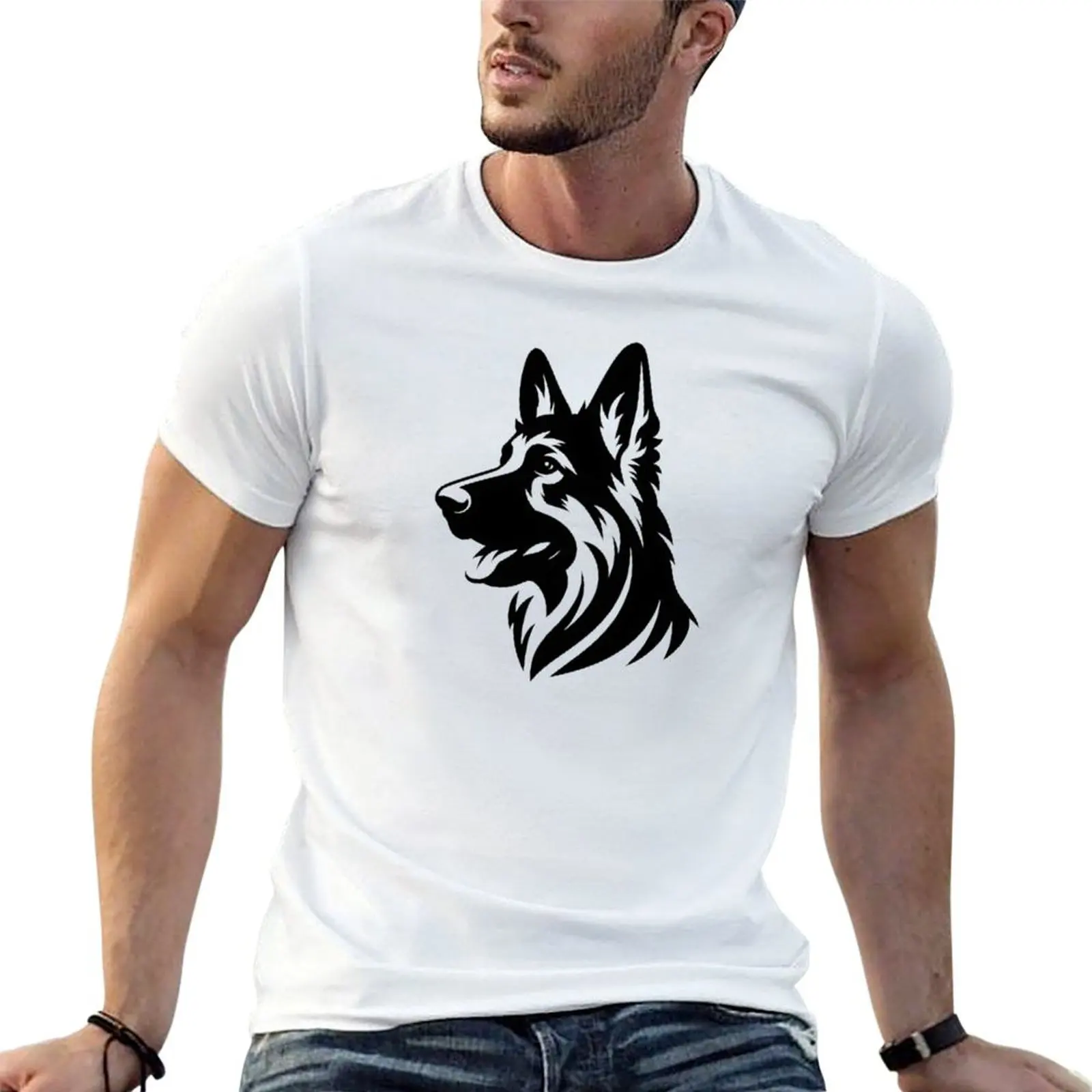 German Shepherd Pet Dog Silhoutte, Wild Animals, Minimalist Animal Silhoutte T-Shirt Simple Casual Short Sleeve Tee