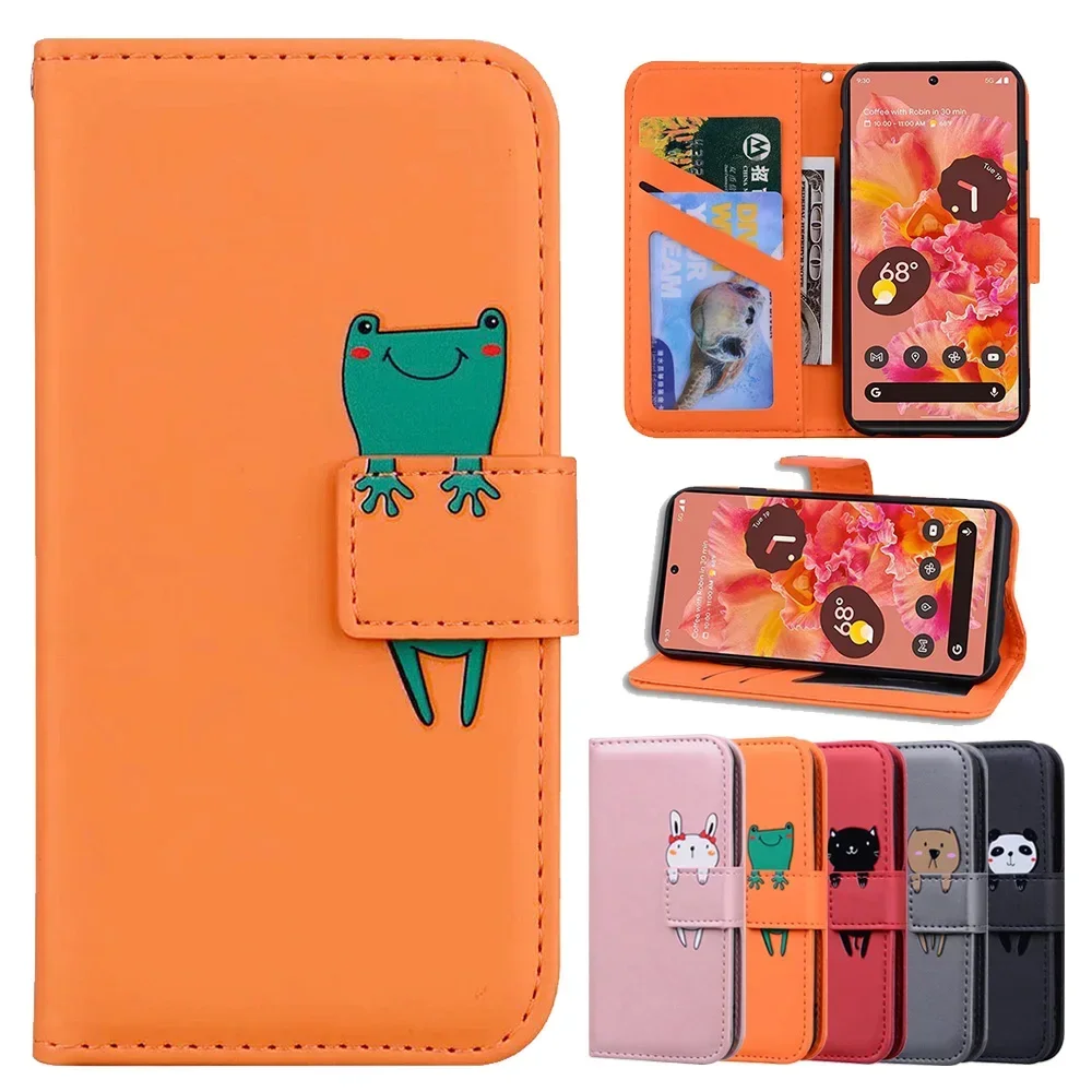 Flip Leather Phone Case for Google Pixel 9 8 7 6 Pro XL 8A 7A 6A Cute Funny Frog Cat Rabbit Dog Wallet Stand Protect Cover