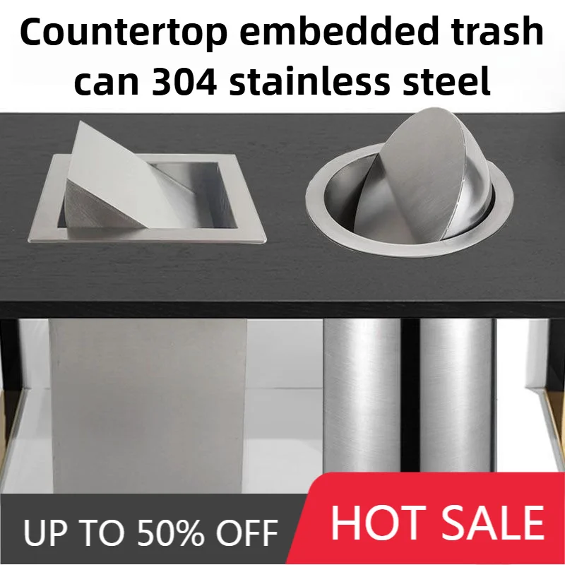 Flush Recessed Stainless Steel Kitchen Sink Trash Can Built In Flap Lid Waste Bin Counter Top Garbage Can Kitchen Cleaning Tools