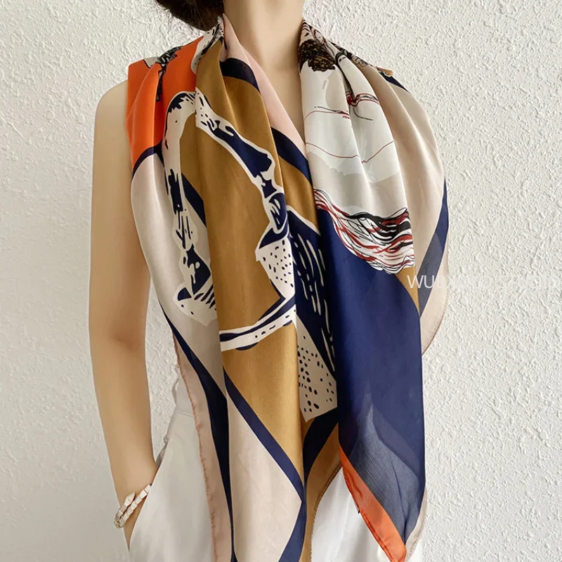 90*90cm Square Shawls and Wraps Floral Print Neck Scarf For Women Silk Satin Neck Scarfs For Ladies Bandana Head Scarves Female