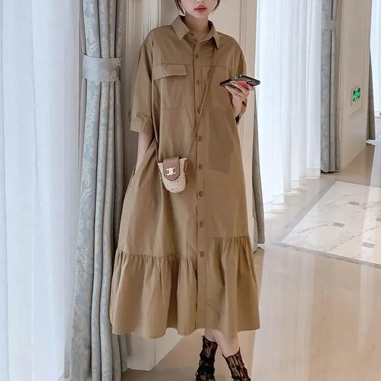 

plus Size Khaki irt Dr Women's Casual Summer Loose Fit A-Line Skirt Korean Sle ort Sve Collar Spring Dr