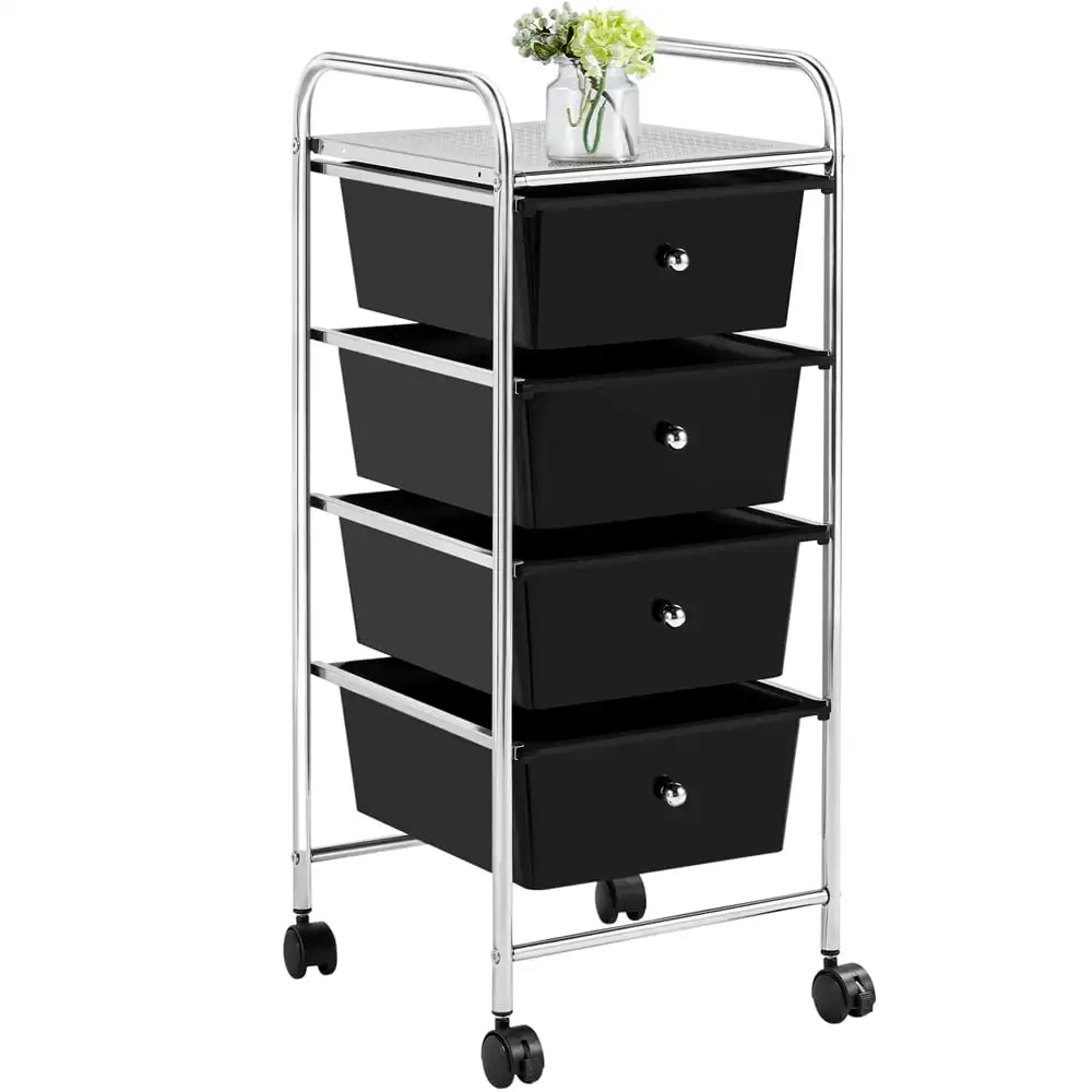 Easyfashion Rolling Trolley Storage Cart Bin with 4 Plastic Drawers on Wheels, Black file cabinet