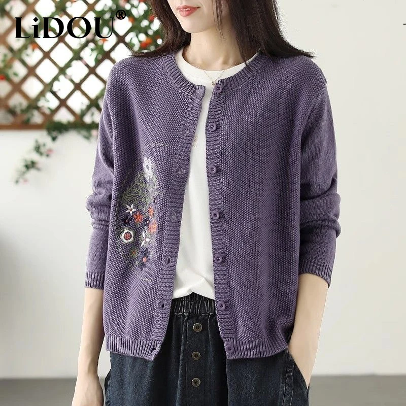 Autumn Winter Vintage Embroidery Cardigan Sweater Female Loose Casual Fashion All-match Buttons Knitting Coat Women Outwear Top