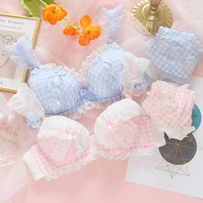 

Милые бюстгальтеры, трусики, наряд, сексуальное женское белье, трусы, клетчатый бюстгальтер с бантом в стиле Лолиты, комплект трусов, кружевное женское нижнее белье Kawaii