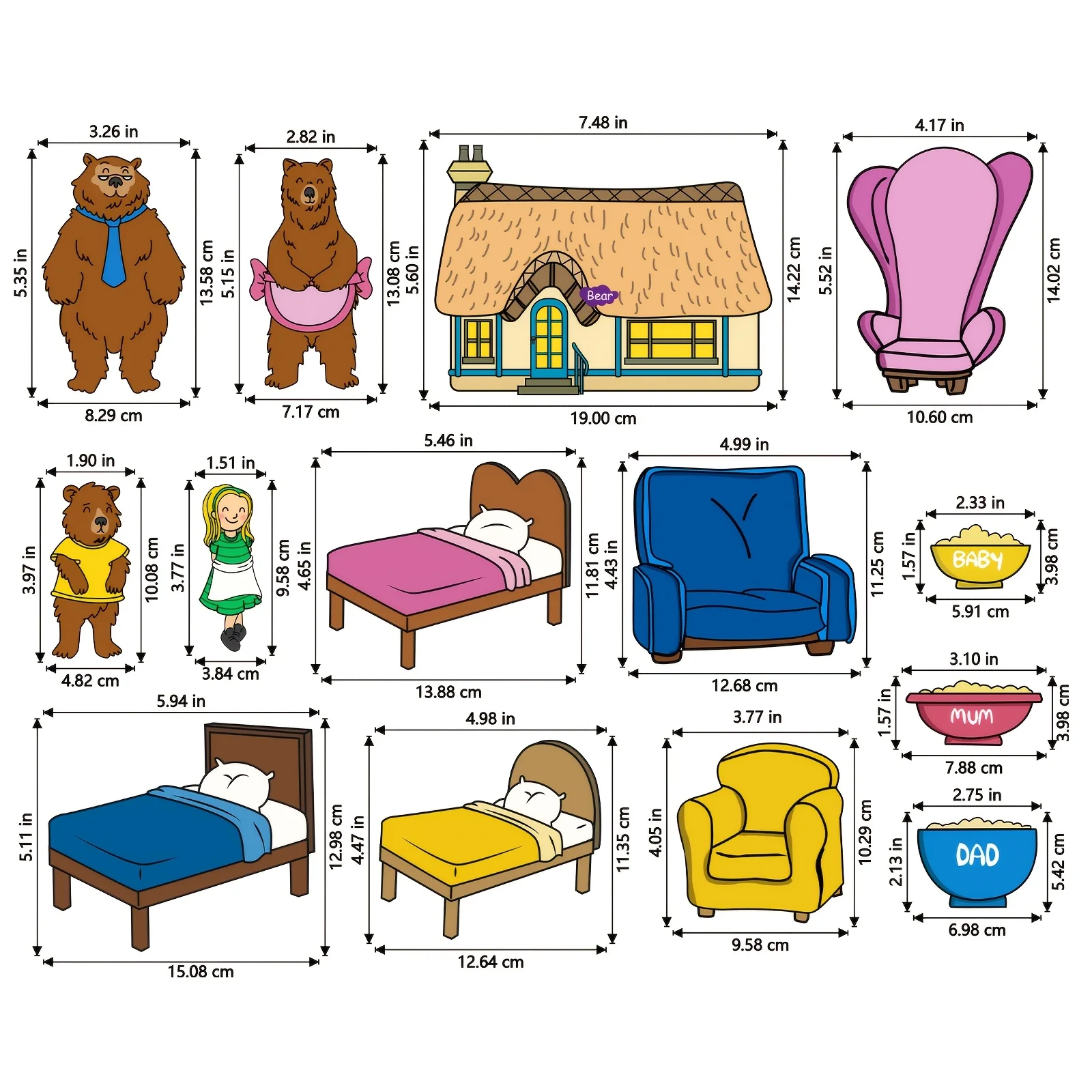 14 Pack Goldilocks and the Three Bears Magnetic Stickers, Classic Fairy Tale Whiteboard Fridge Magnets for Library Home Scene La