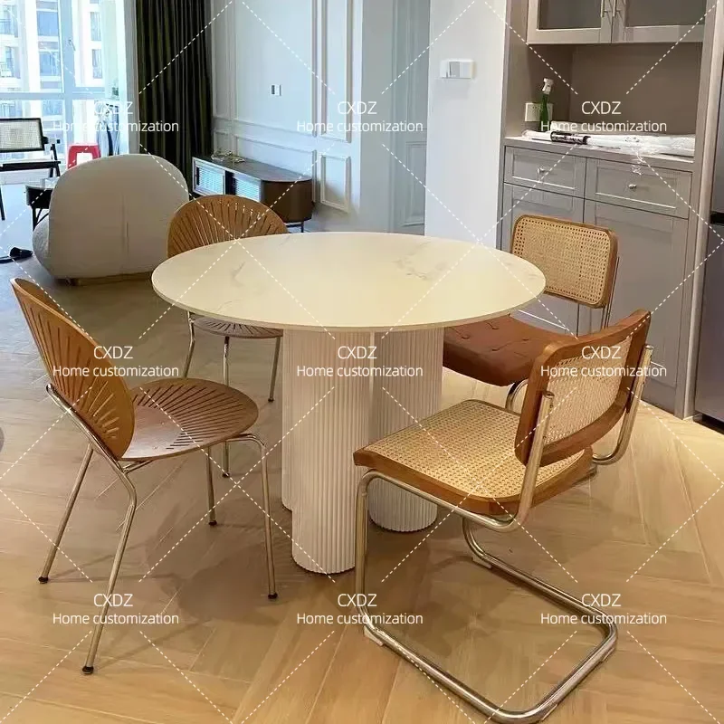 Modern Minimalist Round Dining Table Solid Wood Base Sintered Stone Top Small Apartment Home Kitchen Living Room Furniture