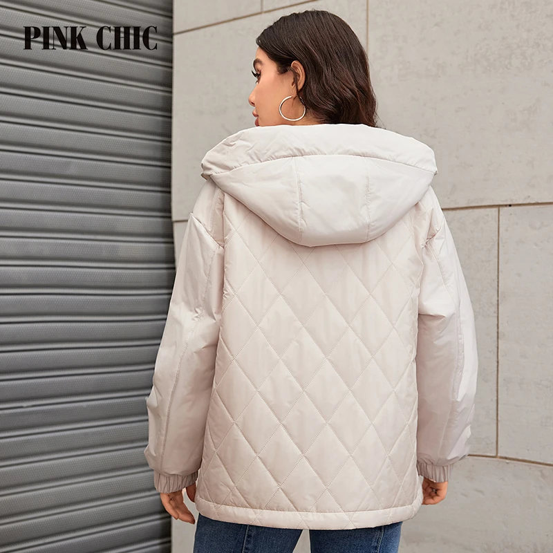 PINK CHIC Spring 2024 Women\'s Parka Jacket Loose Track Women\'s Jacket Fashion Jacket Quilted Thin Cotton S3056