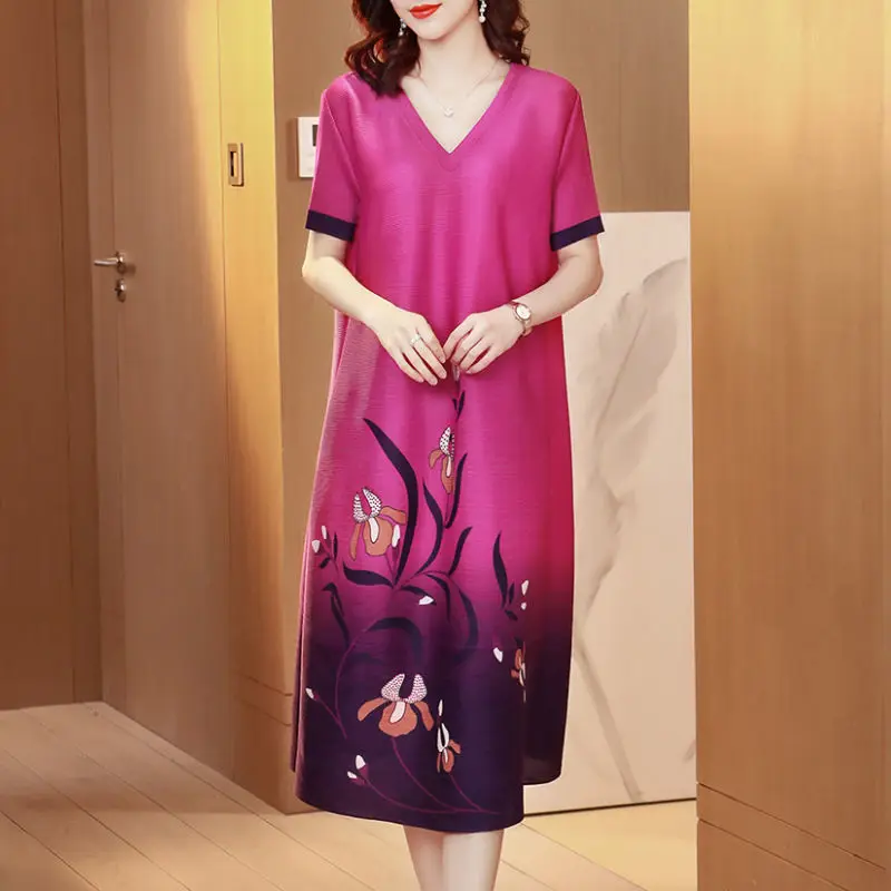 

Fashion pleated national style short-sleeved dress 2025 summer large-size printing niche high-end fashion