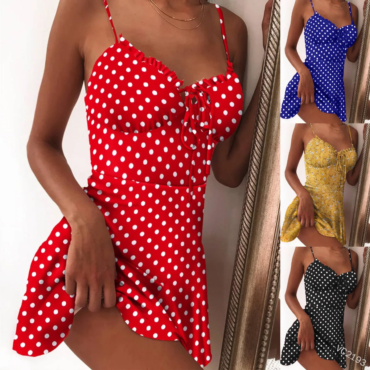 Sexy Bodycon Polka Dot Print Sundress Summer Lace-up Frenulum A-Line Sleeveless Mini Dress Beautiful Suspenders Dress for Women