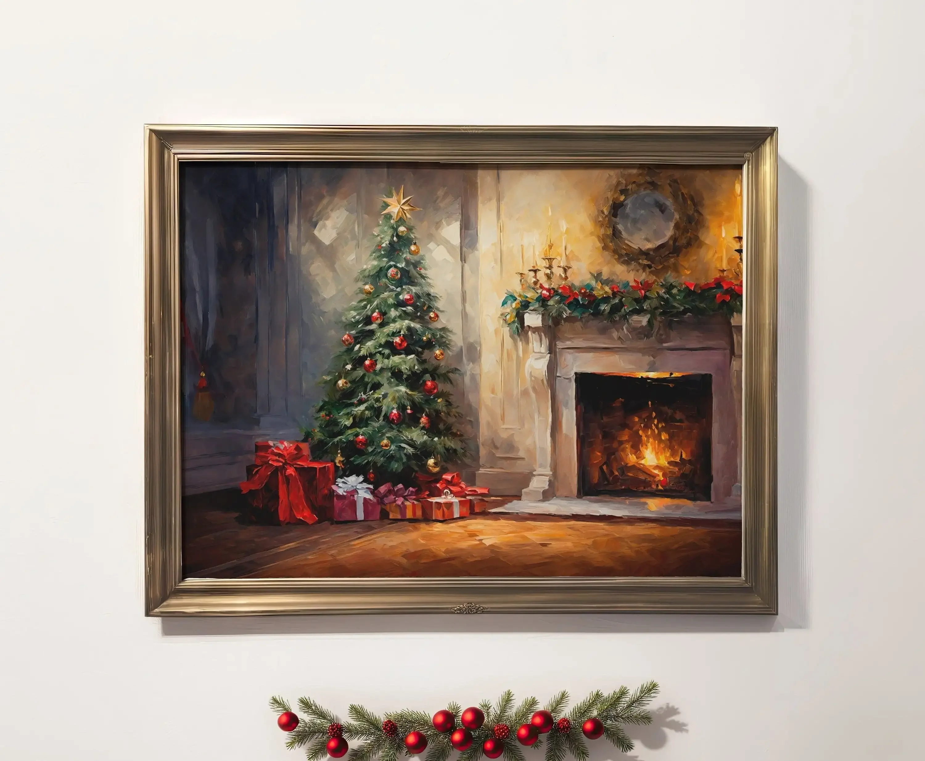 1pc frameless Canvas Painting Vintage Christmas Night Poster Winter Tree Holiday Decor Poster- Unframed Rustic Country Canavs Pr